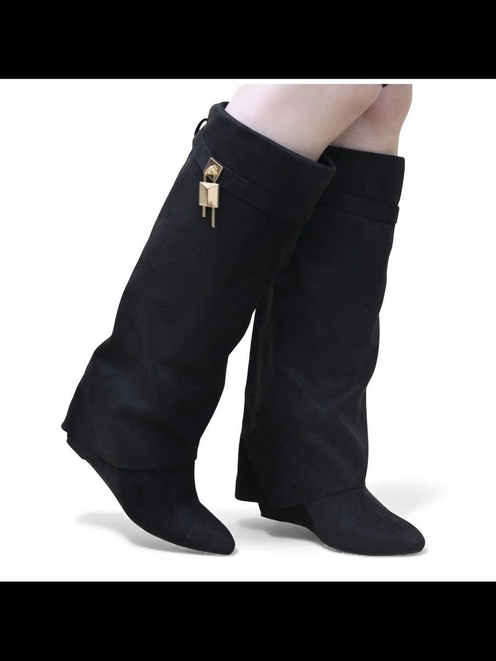 Liliana Black Over-the-Knee Folded Boots with Gold Charm